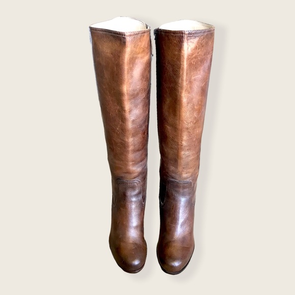 Frye Parker Tall Brown Leather Knee Length Vintage Heeled Round Toe Riding Boots - Picture 8 of 15